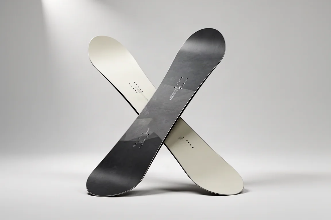 Freestyle snowboard with rockered tip and tail standing upright on a pale grey backdrop