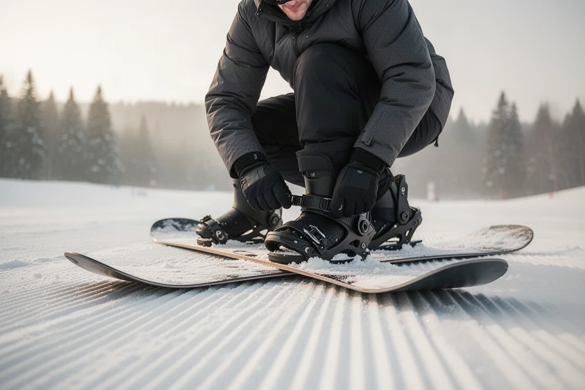 Snowboarder atándose las fijaciones en una pista nevada con suave luz de invierno