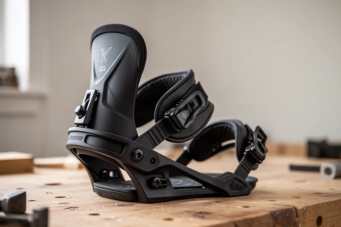Primer plano del highback de una fijación de snowboard y su rueda de ajuste