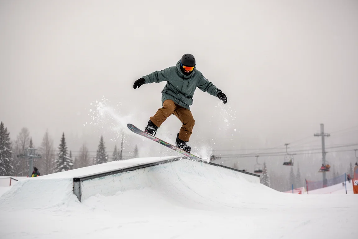 Snowboarder haciendo buttering sobre un módulo del park en una estación de invierno