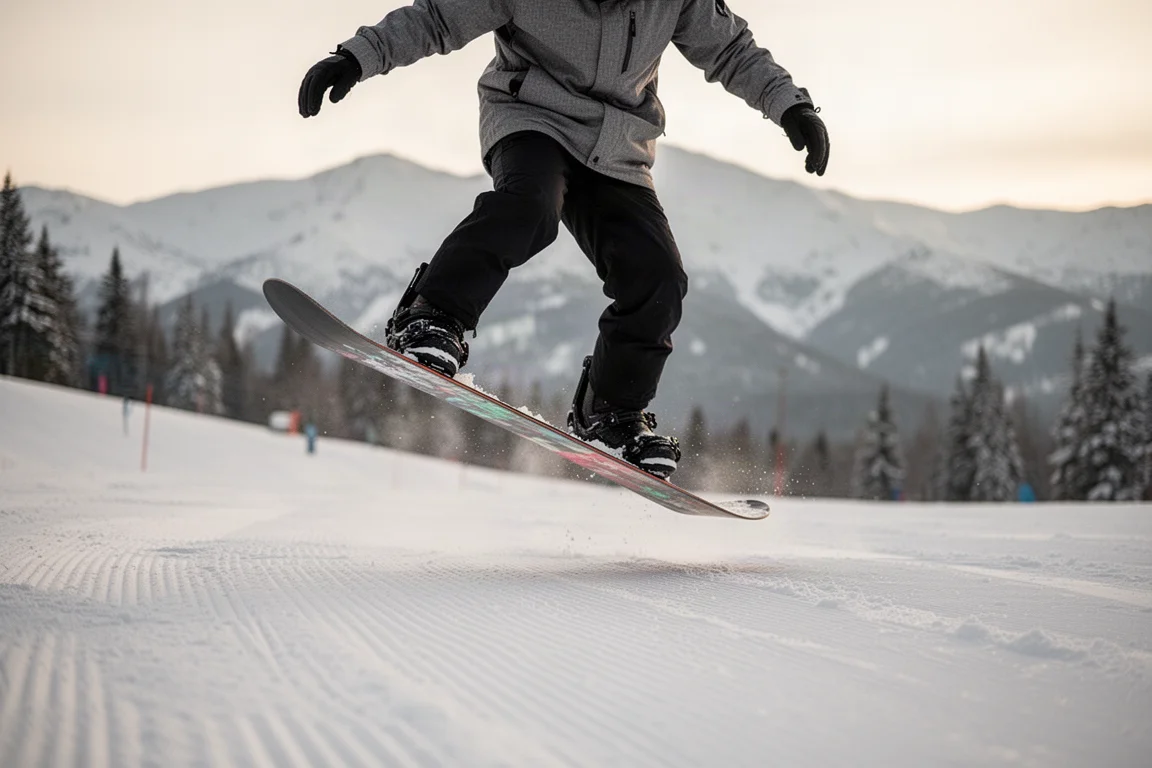 Snowboarder che preme il nose della tavola su una pista battuta dura
