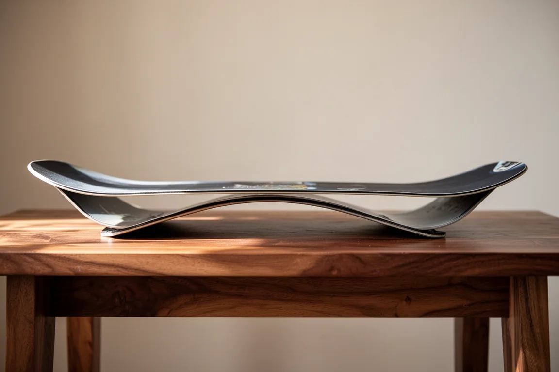 Primo piano del profilo camber di uno snowboard appoggiato su una panca di legno
