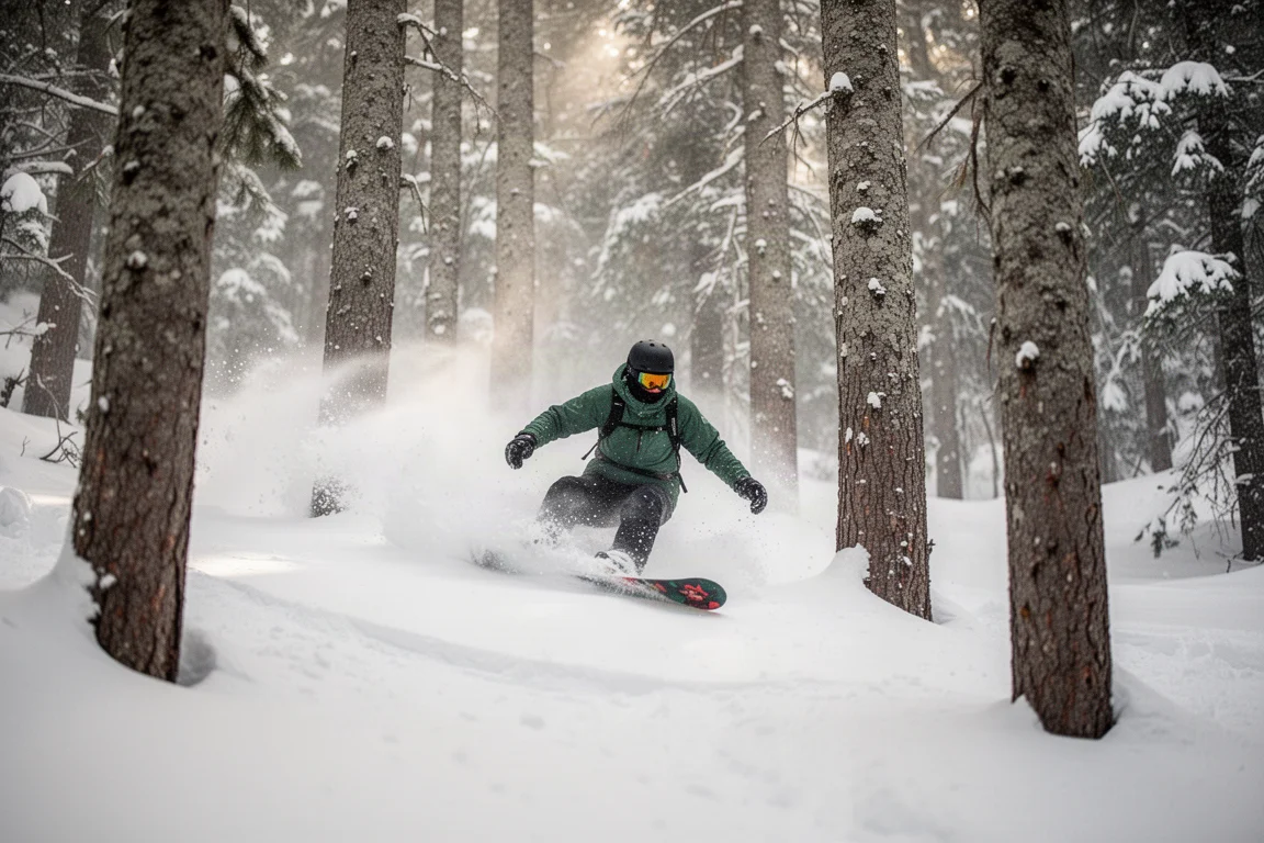 Snowboarder che esegue curve strette tra alberi fitti nella neve fresca
