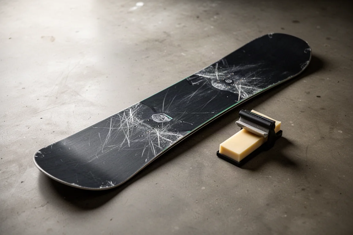 Base dello snowboard con leggere graffi da rail e strutture in acciaio