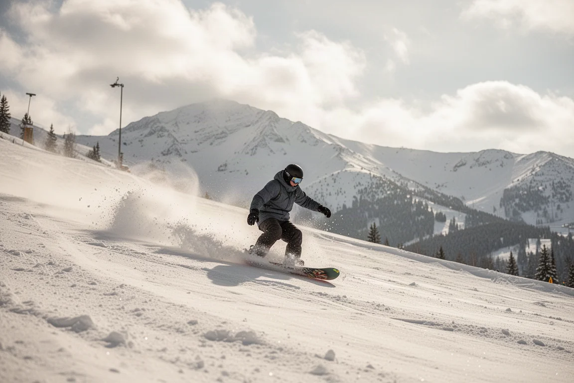 Snowboarder trazando un curvo en una pendiente de primavera con luz suave de la tarde