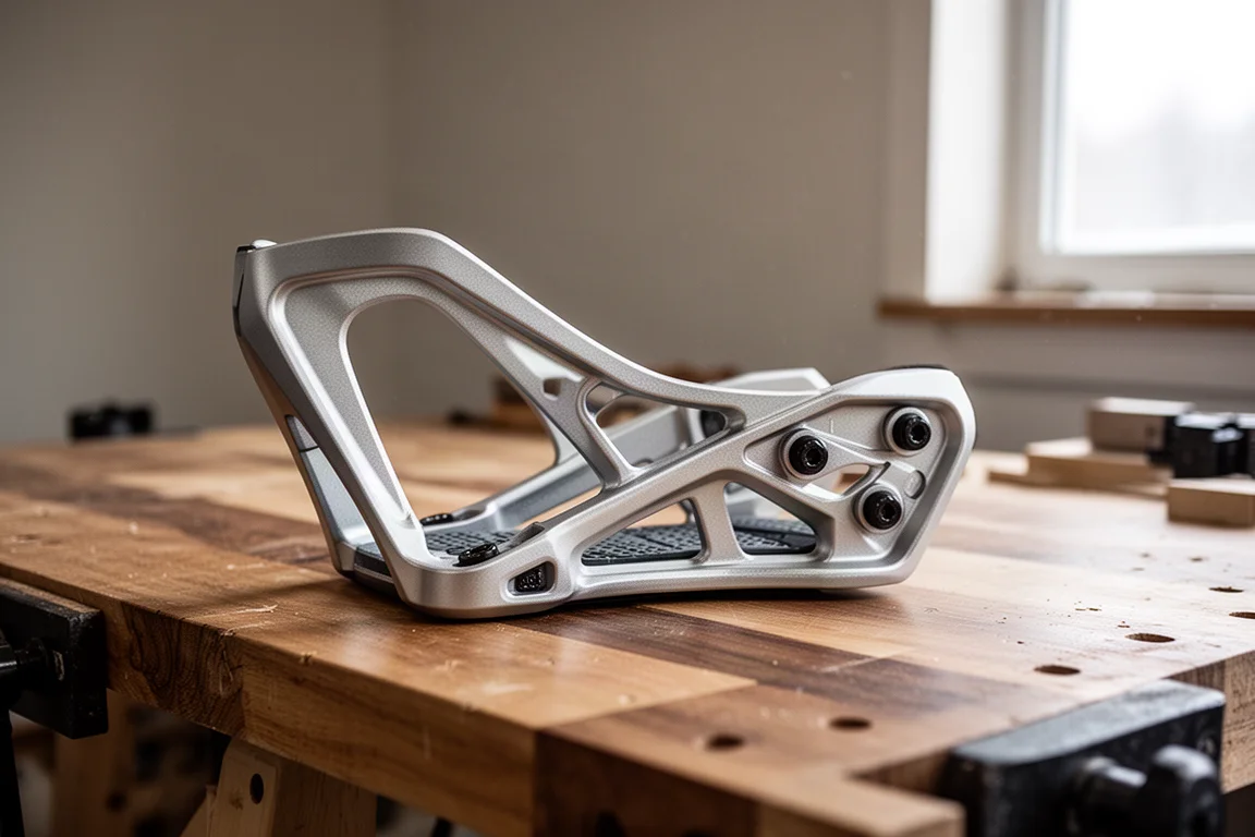 Snowboard binding base plate resting on a wooden workshop bench