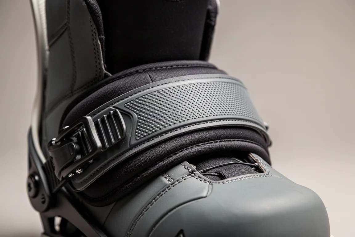 Close-up of a padded snowboard toe strap over a boot