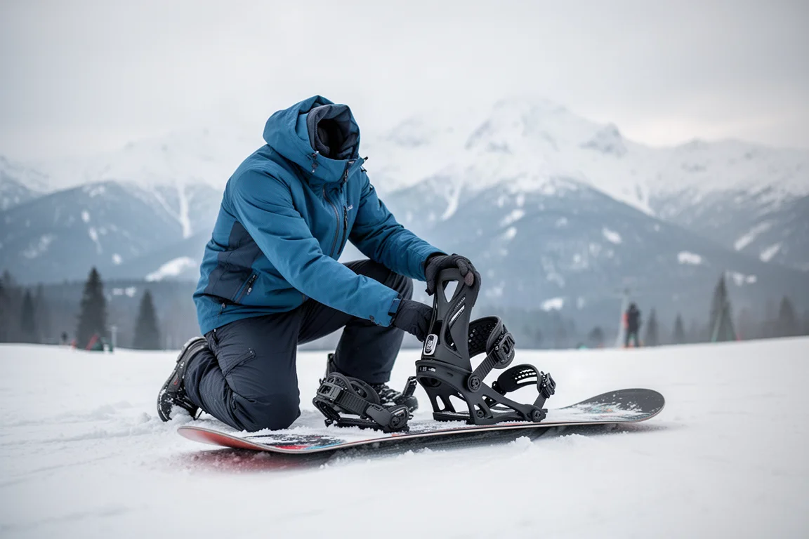 Rider adjusting a snowboard binding highback on a snowy slope