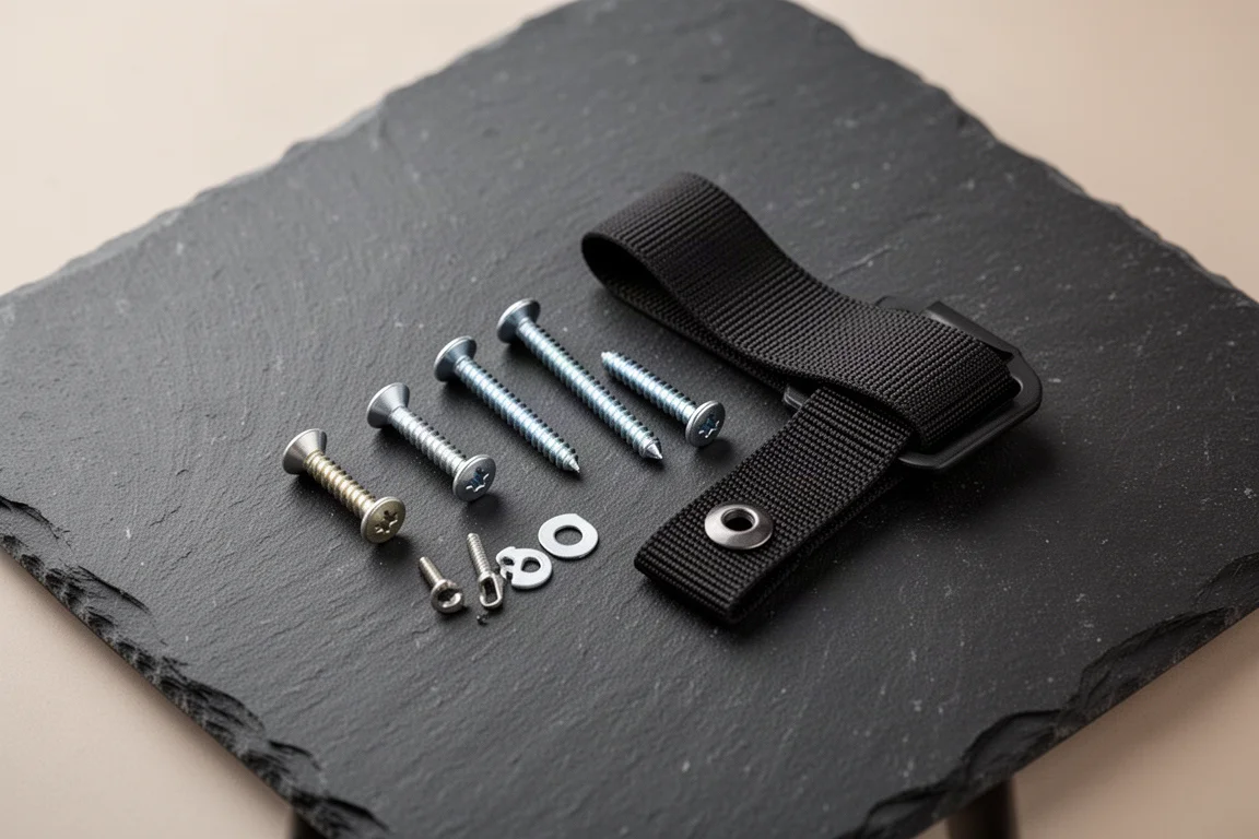 Spare binding screws and straps laid out on a dark table