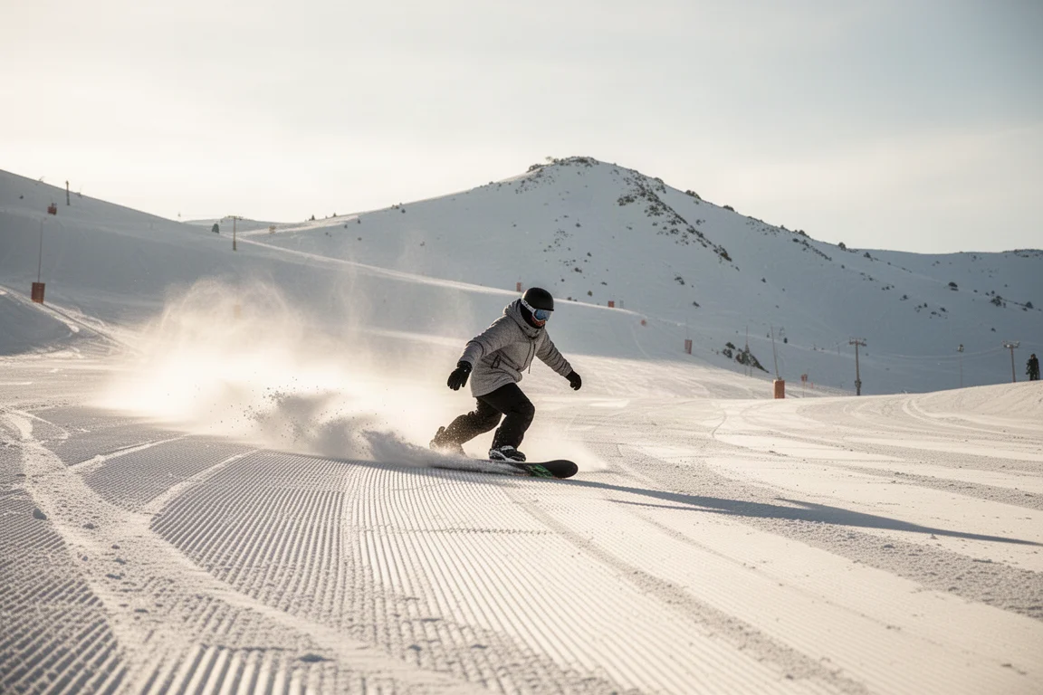 Snowboarder ciągnący łuki na kremowo przygotowanym stoku w słoneczny górski poranek