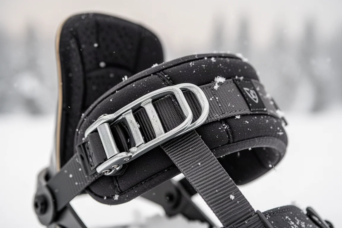 Zbliżenie na pokrętło paska piętowego wiązania snowboardowego podczas regulacji
