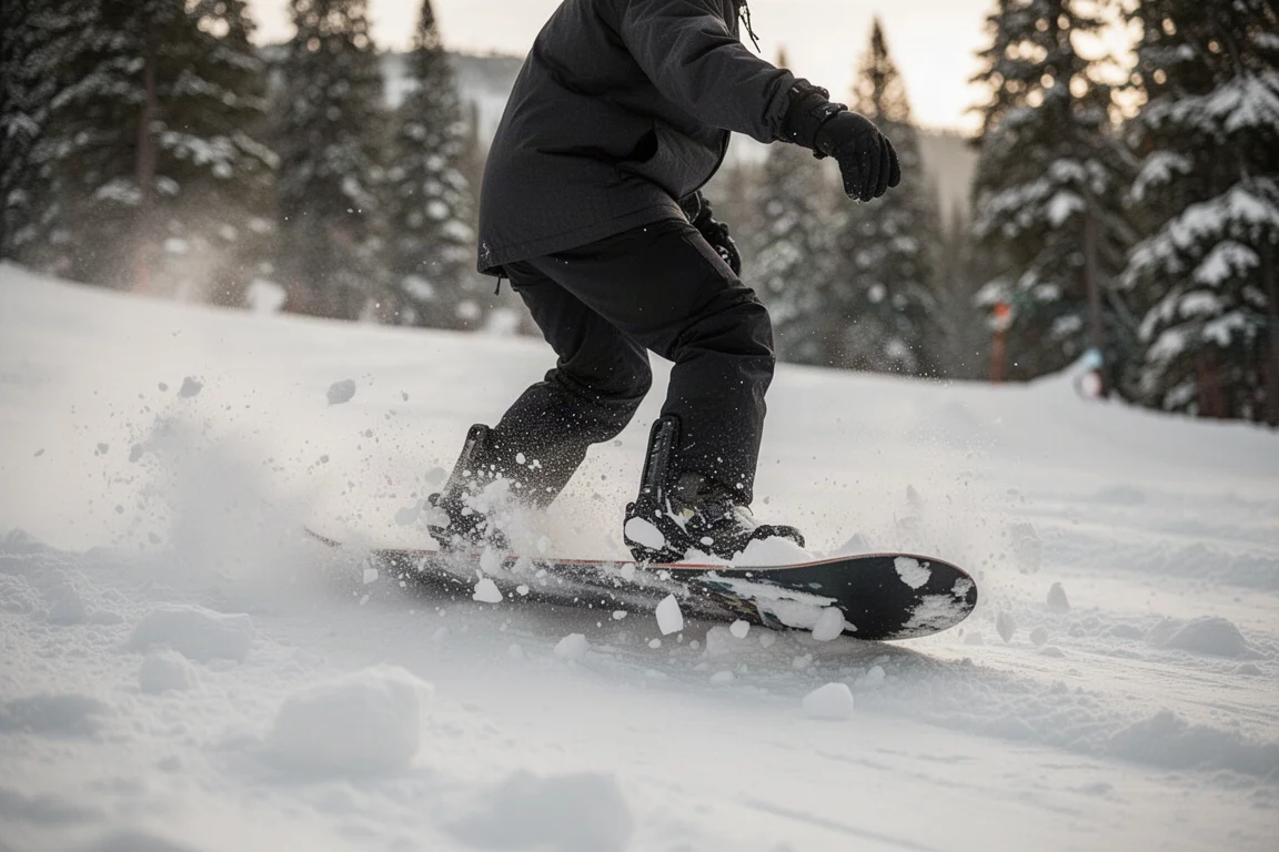 Snowboarder jadący przez grudy i mokry śnieg na dolnej trasie górskiej