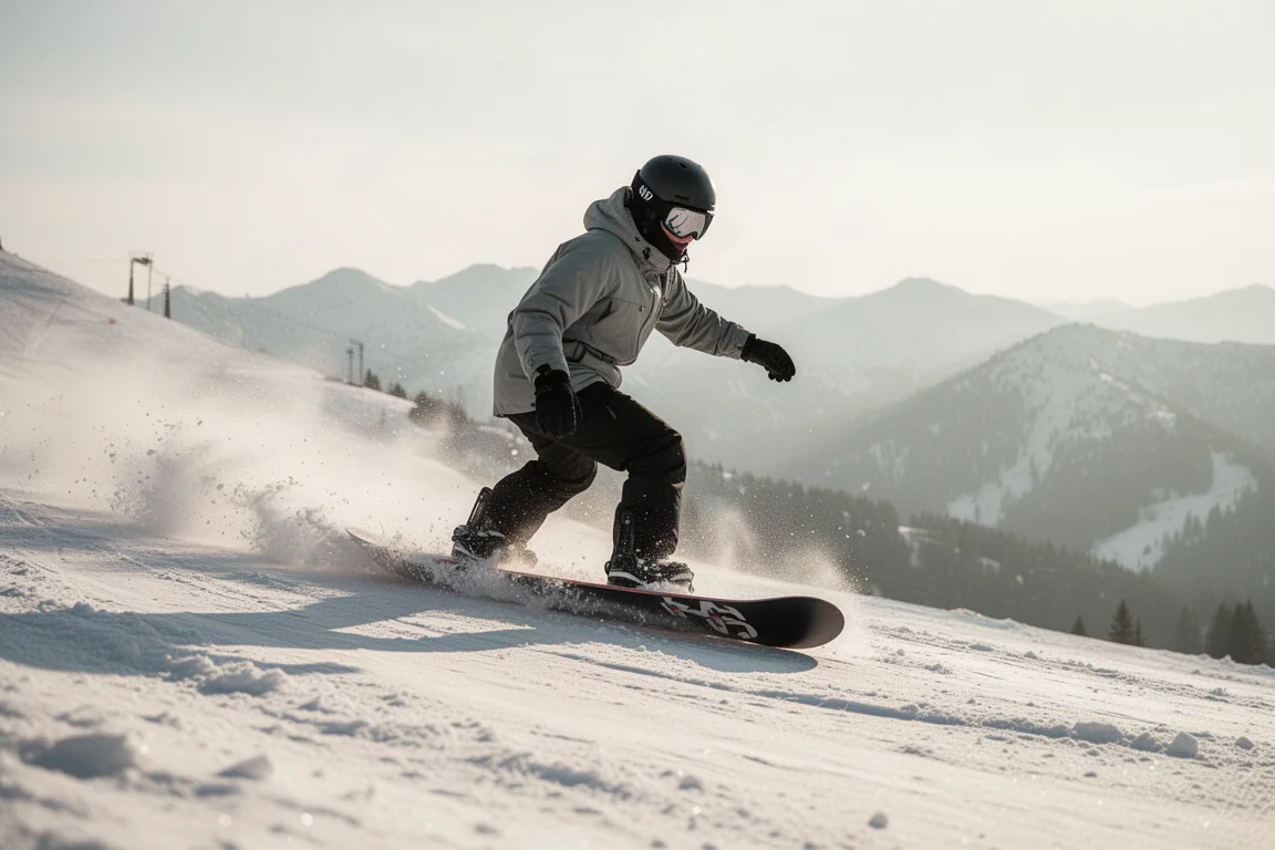 Snowboarder fährt am Vormittag eine harte Piste, während der Frühlingschnee an den Rändern weicht