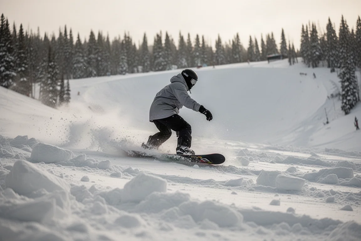 Snowboarder fährt schnell durch groben, unebenen Nachmittagsschnee