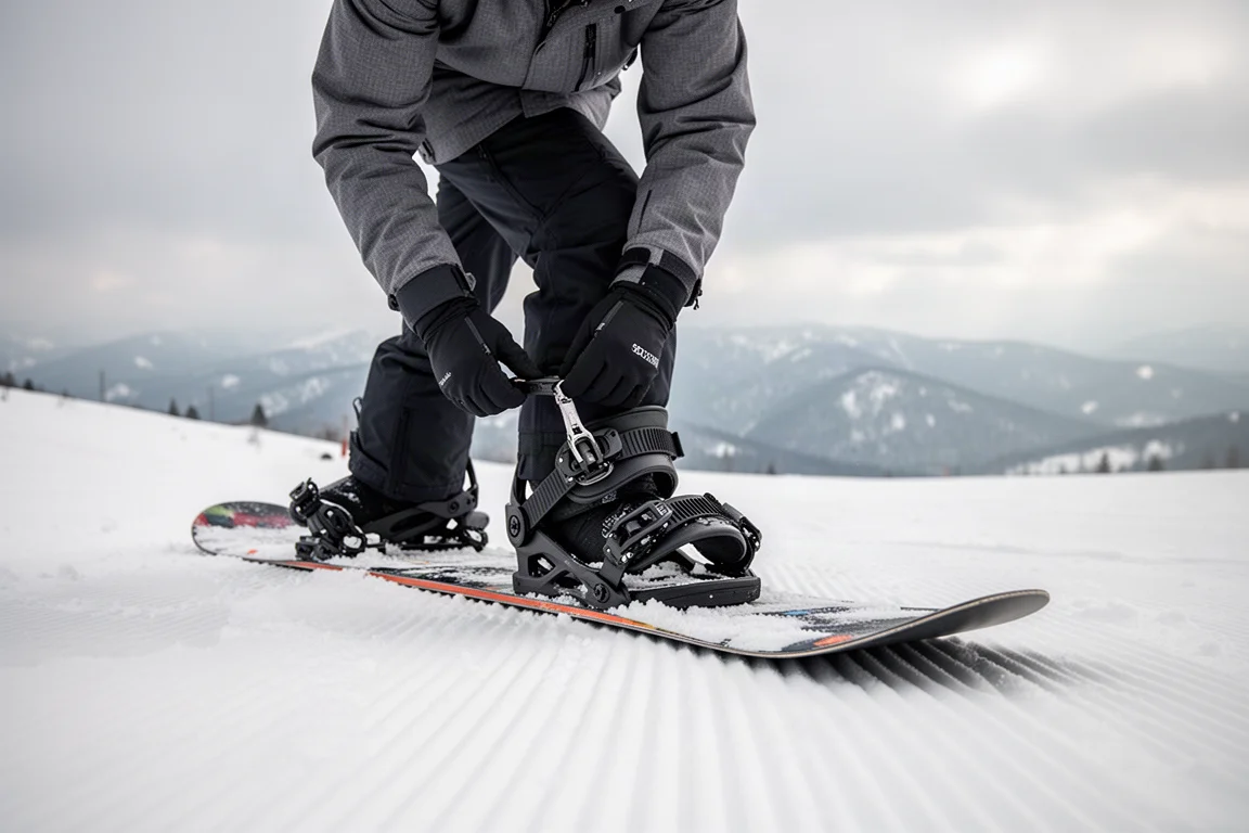 Snowboarder buckling a binding strap on a corduroy slope in spring conditions