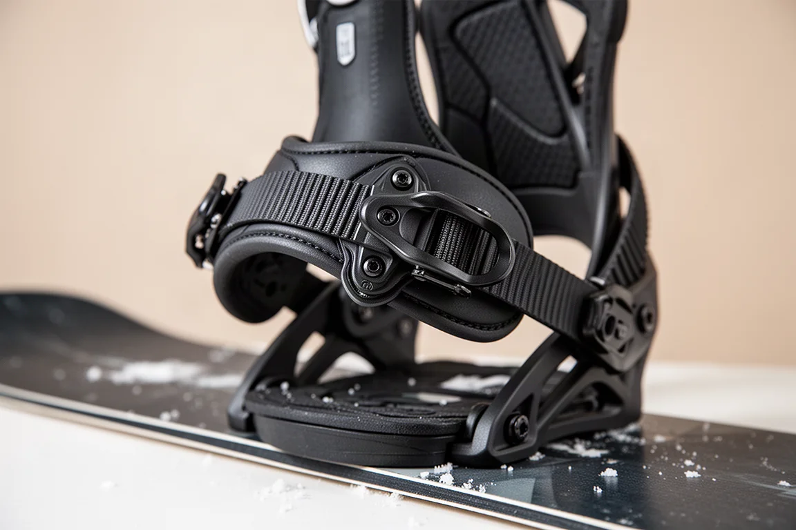 Close-up of a binding heel strap with pivot mount positioned over a boot