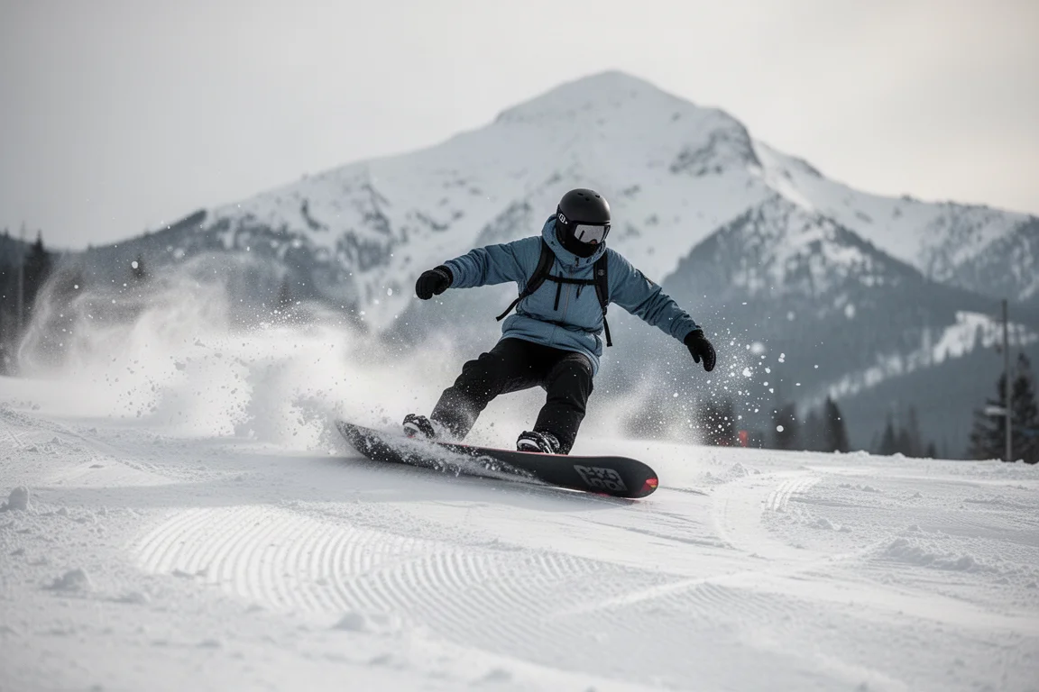 Rider leaning into a heelside turn carving across packed snow