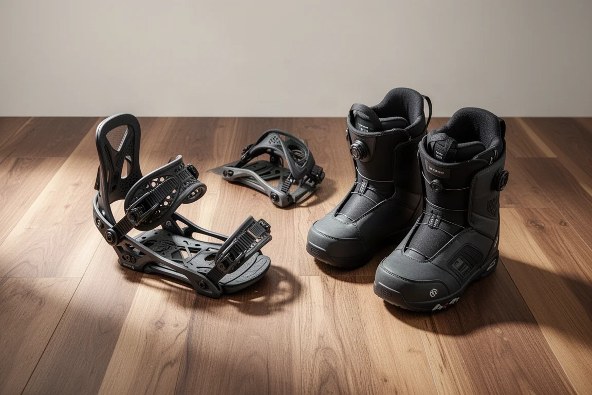 Snowboard bindings and boots laid out on a wooden floor before a day of riding