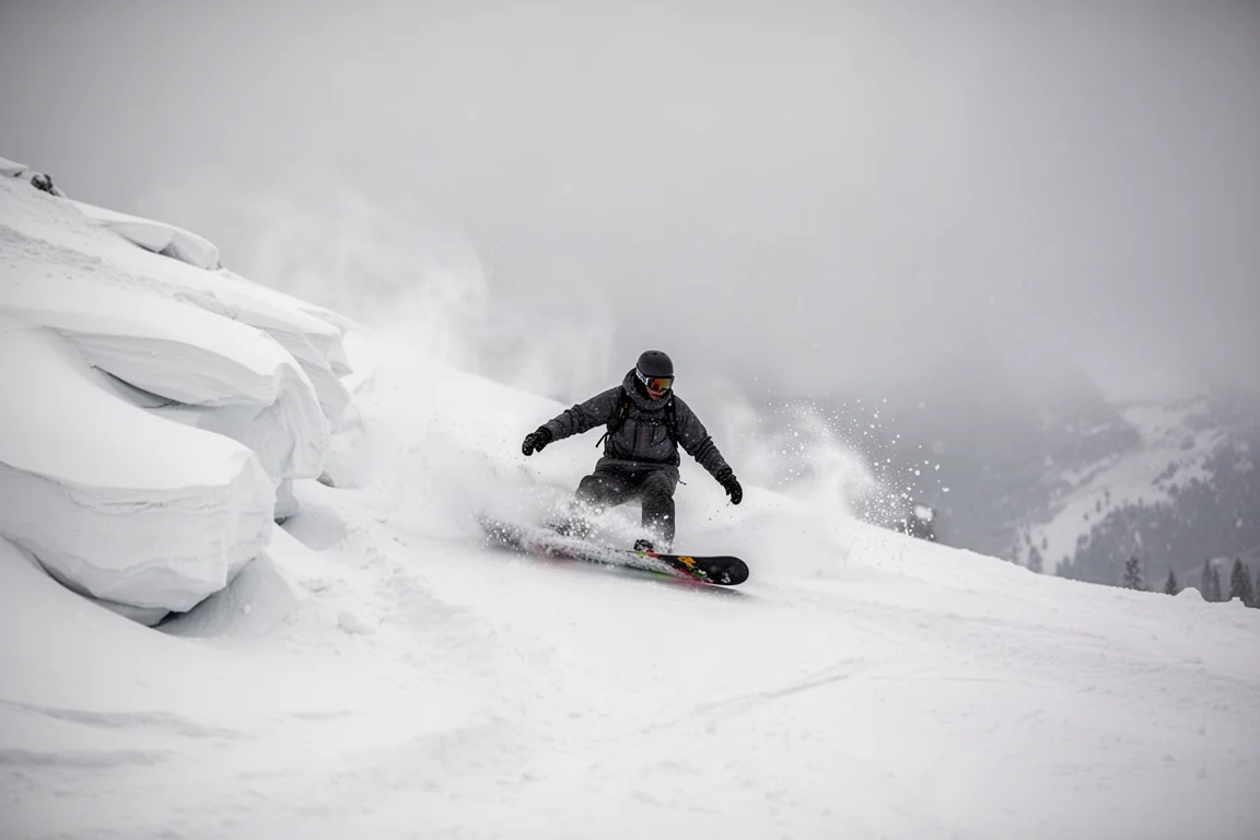 Snowboardeur traçant une courbe dans une neige irrégulière et changeante par une froide journée de montagne