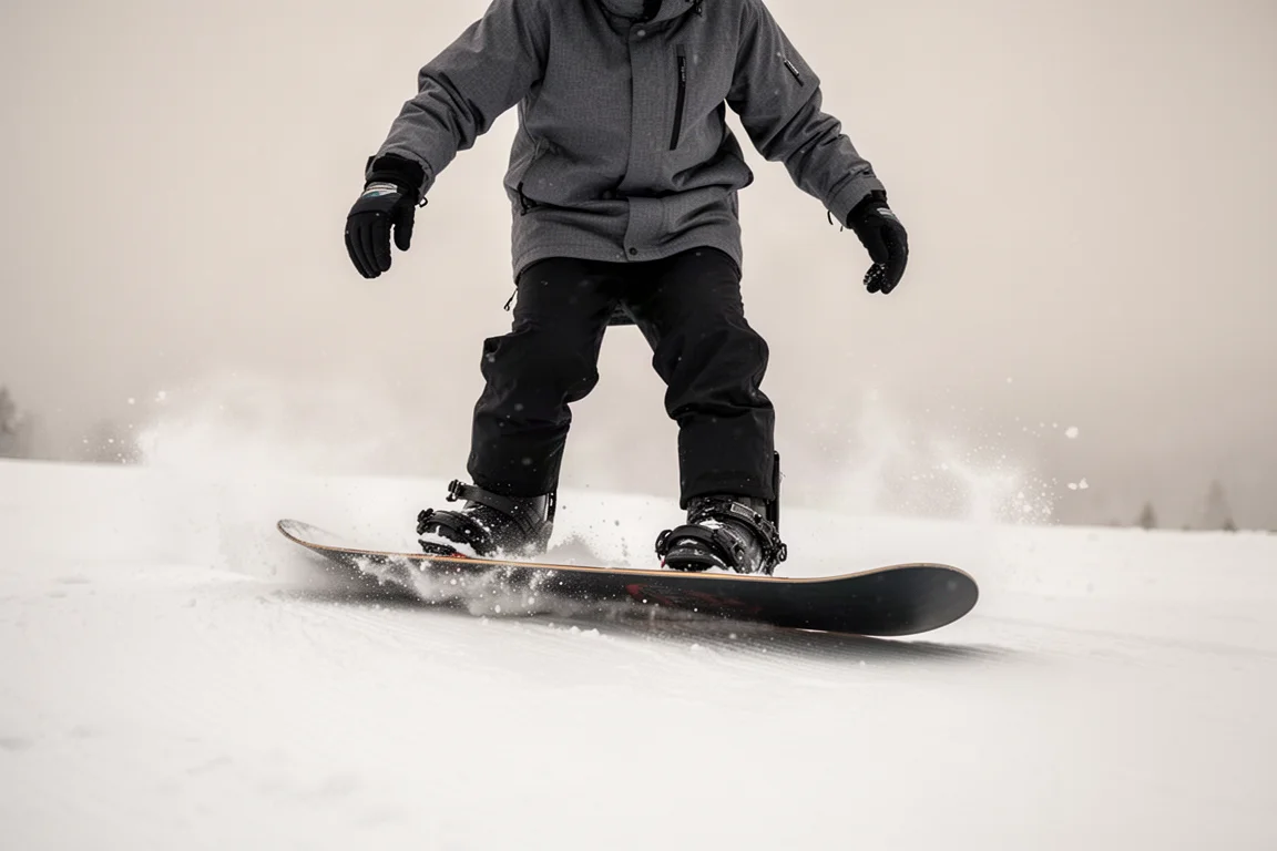 Snowboardeur effectuant un butter sur le nose de la planche sur une piste damée lisse