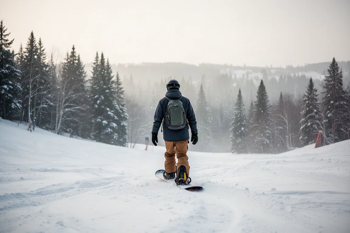 Snowboardeur marchant sur la neige fraîche avec ses boots et sa planche dans une douce lumière matinale