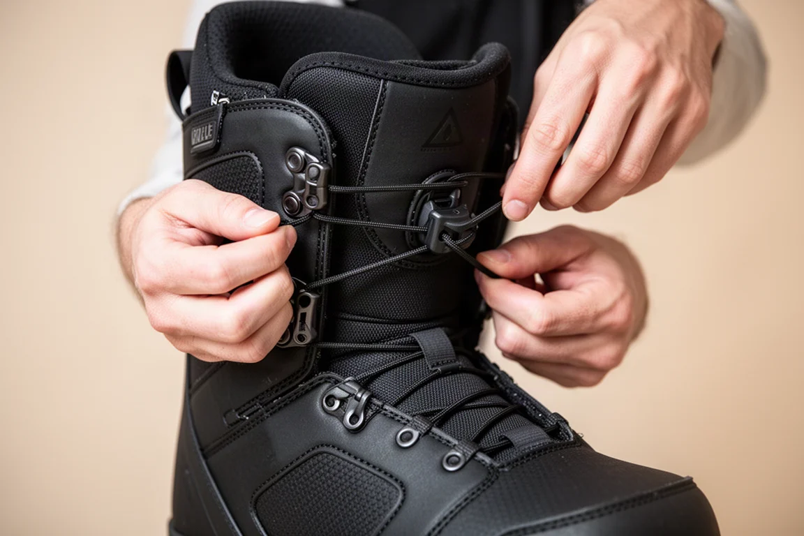 Gros plan sur le système de laçage d'un boot de snowboard en cours de réglage