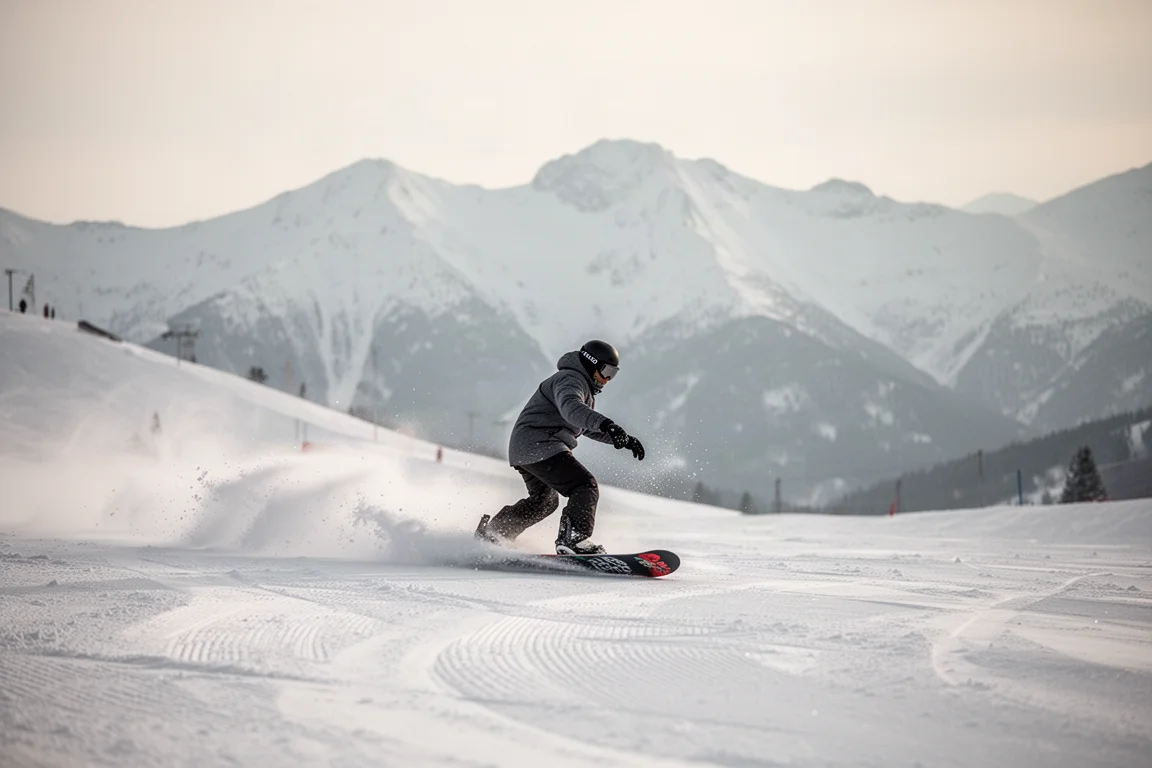 Planche de snowboard taillant dans la poudre tassée sur une piste damée de montagne