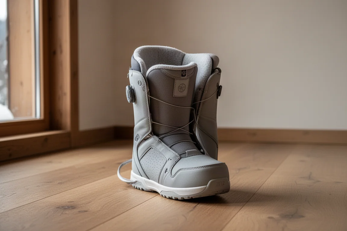 Chausson thermoformable d'un boot posé sur un plancher en bois dans l'intérieur d'un chalet