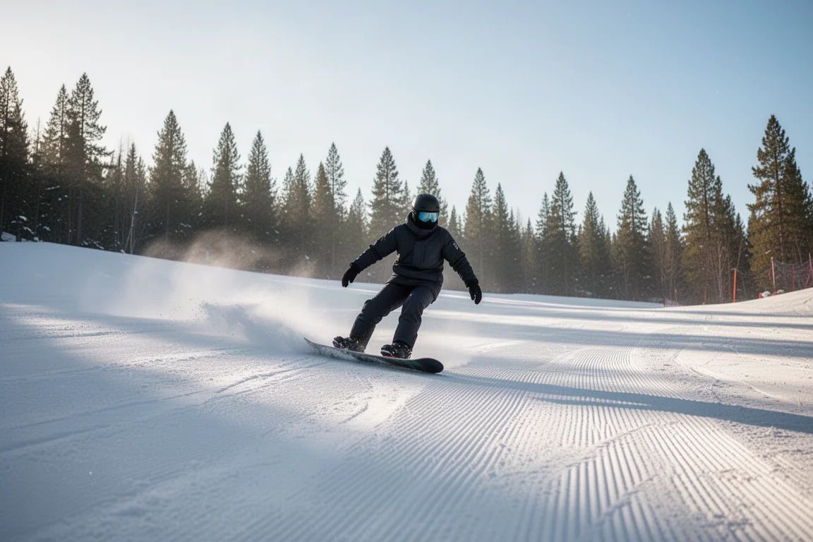 Snowboarder lernt Butter-Tricks auf einem sanften, flachen Hang