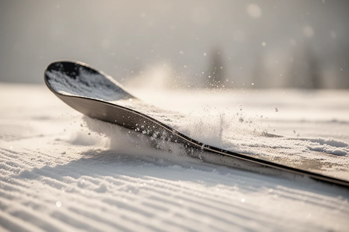 Nahaufnahme eines Snowboard-Tails mit Rocker-Profil und Bambus-Detail am Tip