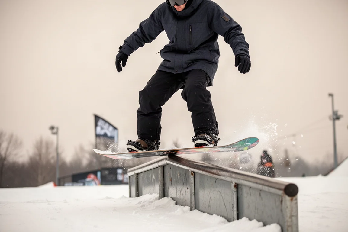 Snowboarder beim Einrasten in einen Nose Press auf einer Park-Rail