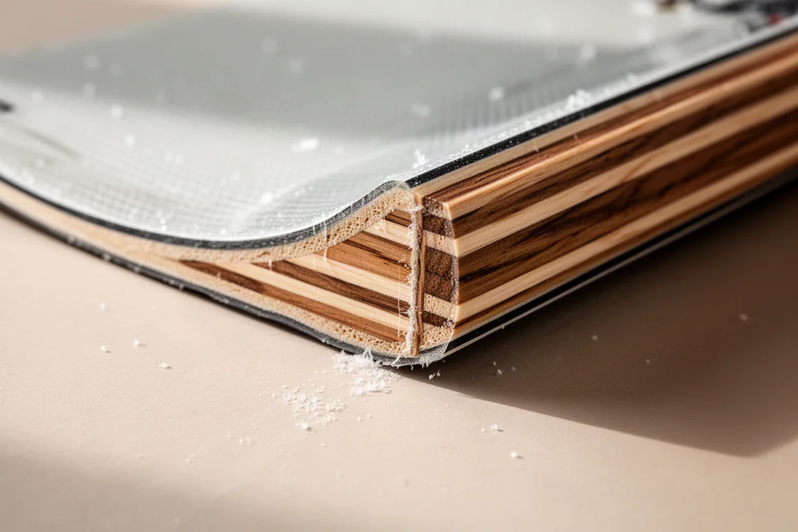 Nahaufnahme der Holz-Core-Stringers und der mehrschichtigen Konstruktion eines Snowboards