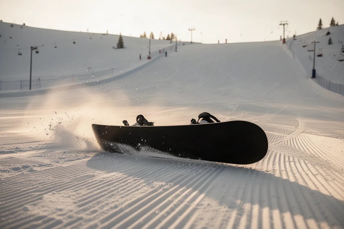 Snowboard-Base gleitet über eine frisch präparierte Piste