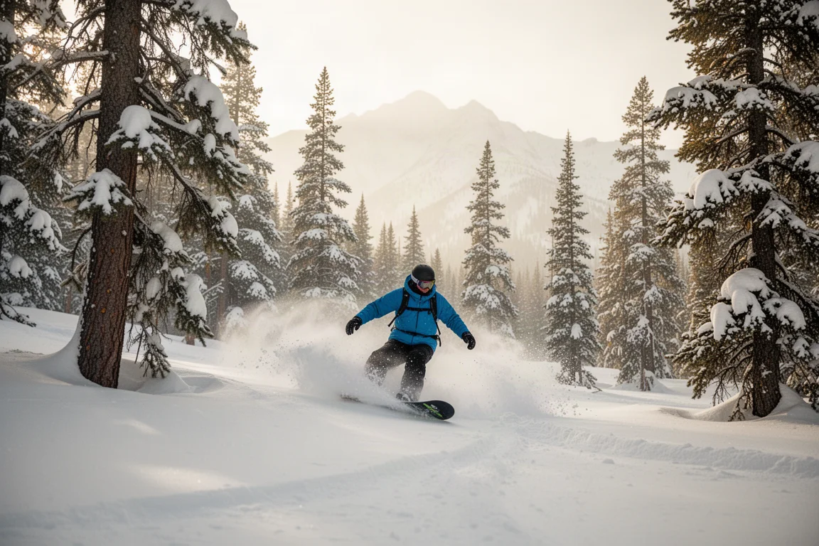 Snowboarder floating through fresh powder in gladed trees