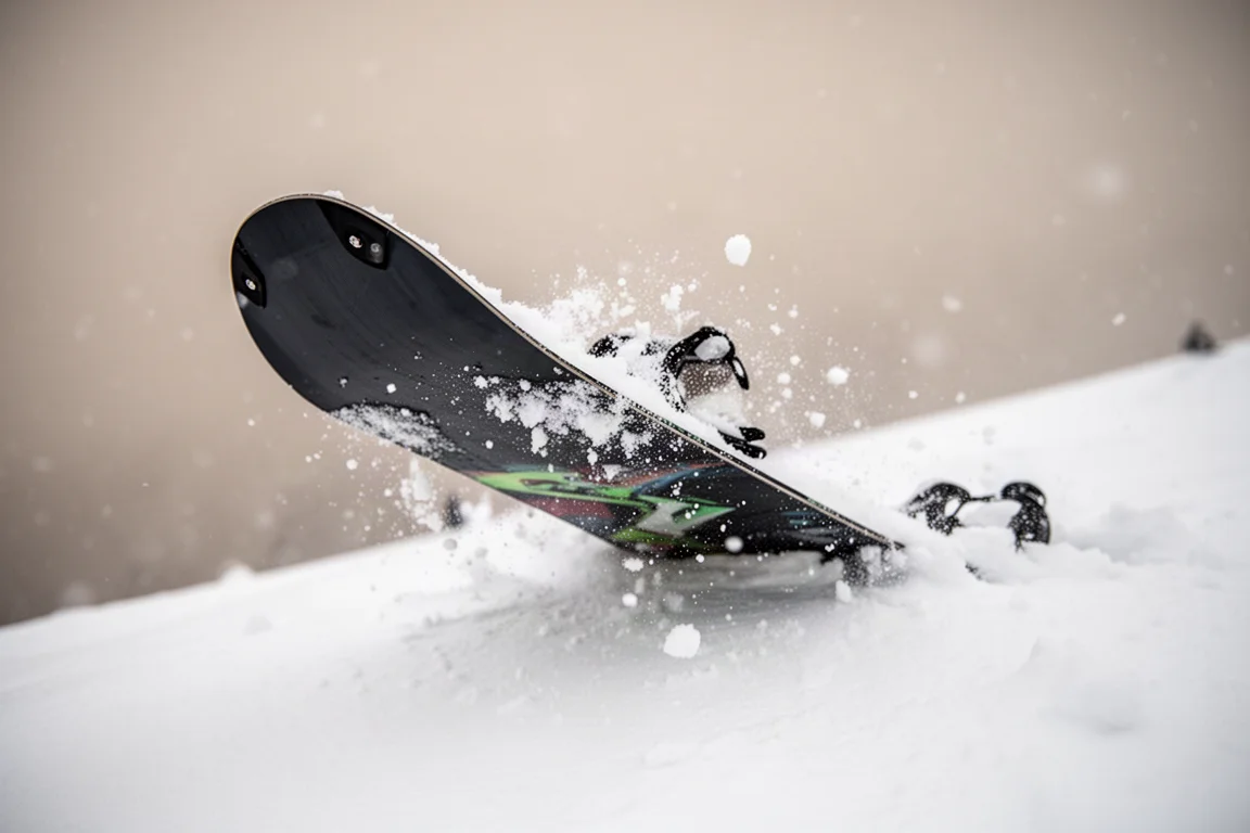 Close-up of a snowboard tail flexing during a butter on groomed snow