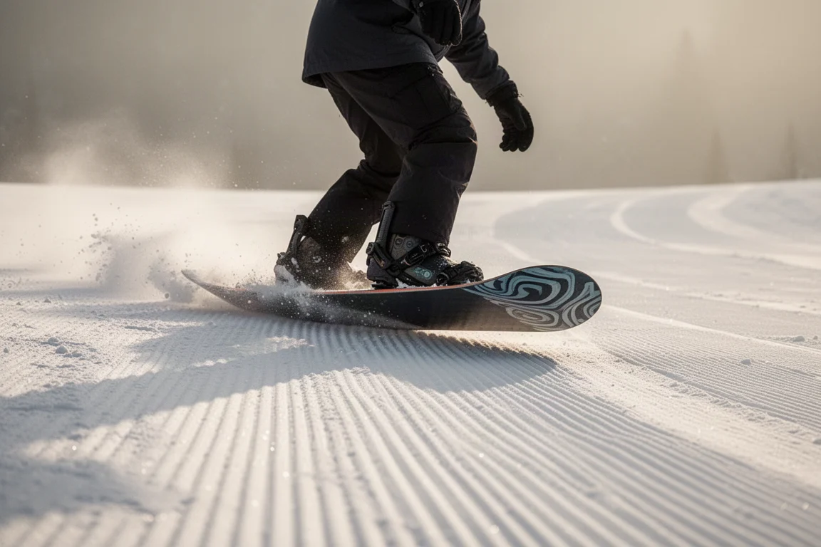 Snowboarder carving a clean arc on a groomed mountain run