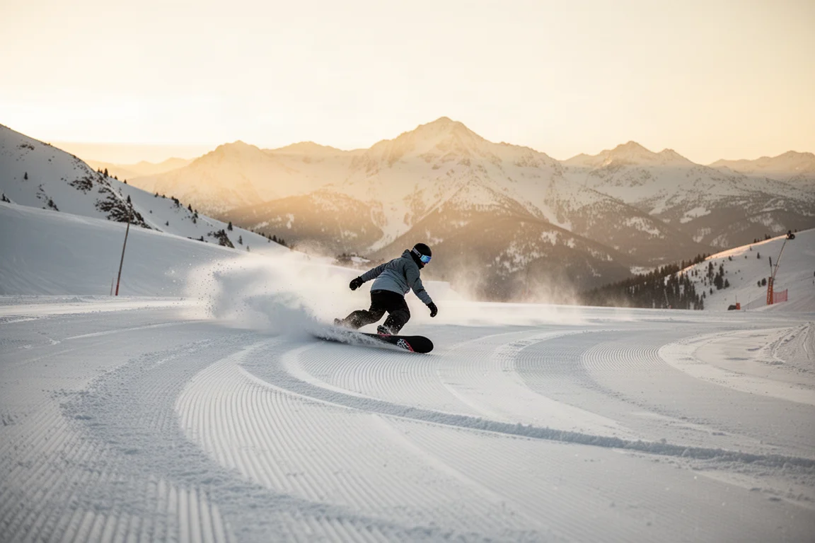 Snowboard and bindings laid out on a lodge deck after a riding day