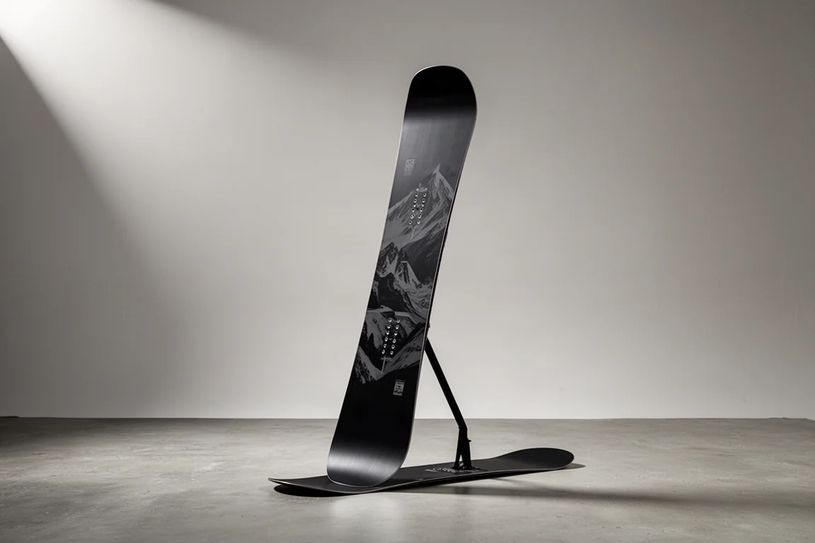 Directional all-mountain snowboard standing upright on a neutral studio background