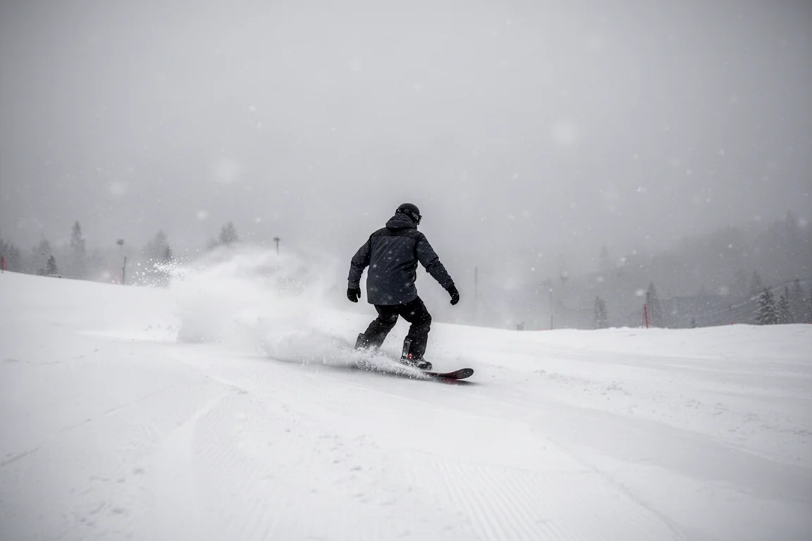 滑雪者在平整雪道上划出长弧线，天空灰暗并伴有小雪