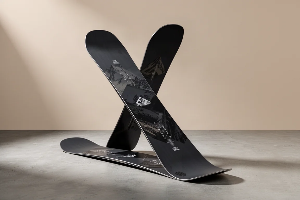 Directional freeride snowboard standing upright on a matte concrete surface