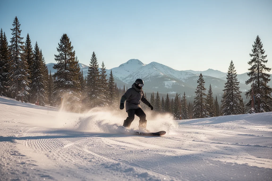 Snowboardzista jadący po ubitej wiosennej trasie, z mokrym śniegiem pryskającym spod krawędzi