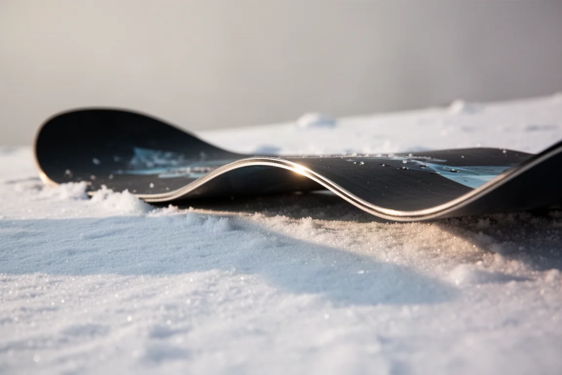 Widok deski snowboardowej z boku, pokazujący ciągły łuk cambera na zbitym śniegu