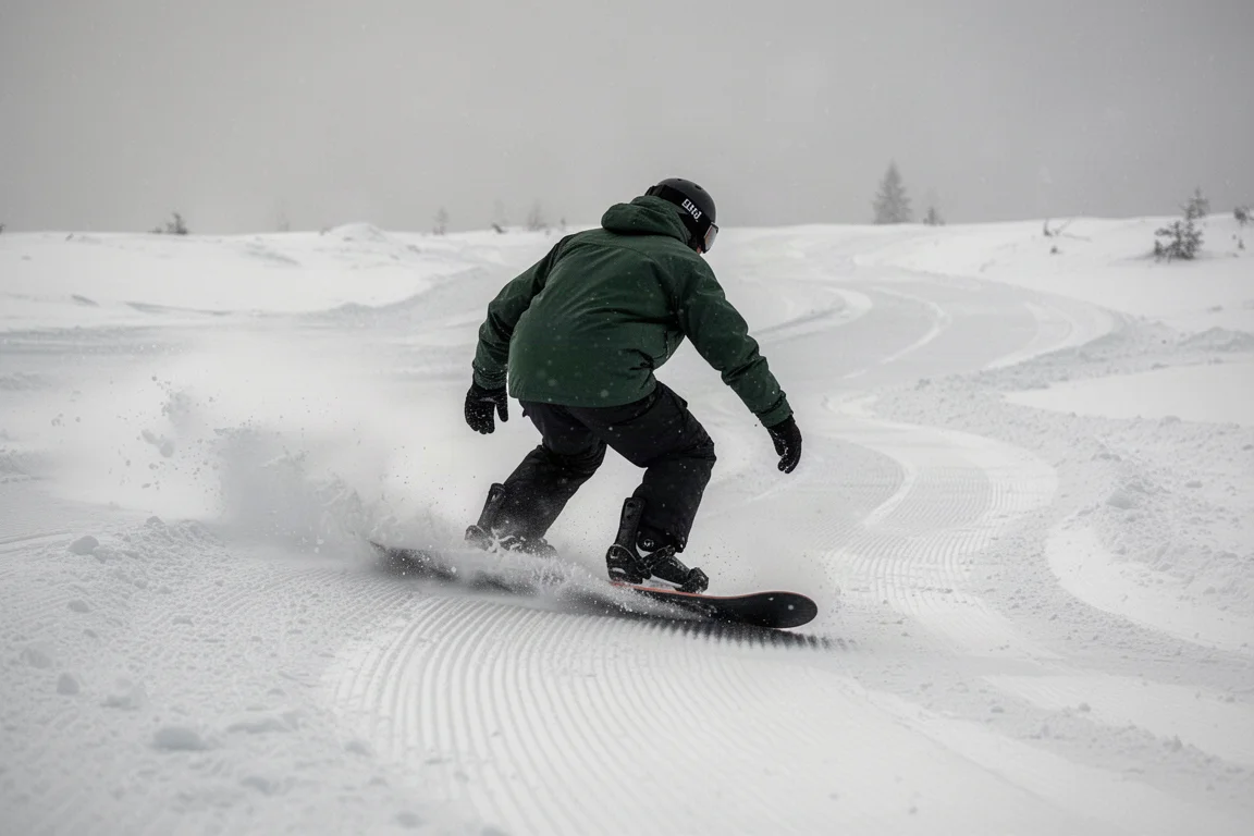 Snowboardzista z ugiętymi kolanami tnący po twardym, szybkim śniegu w prążki