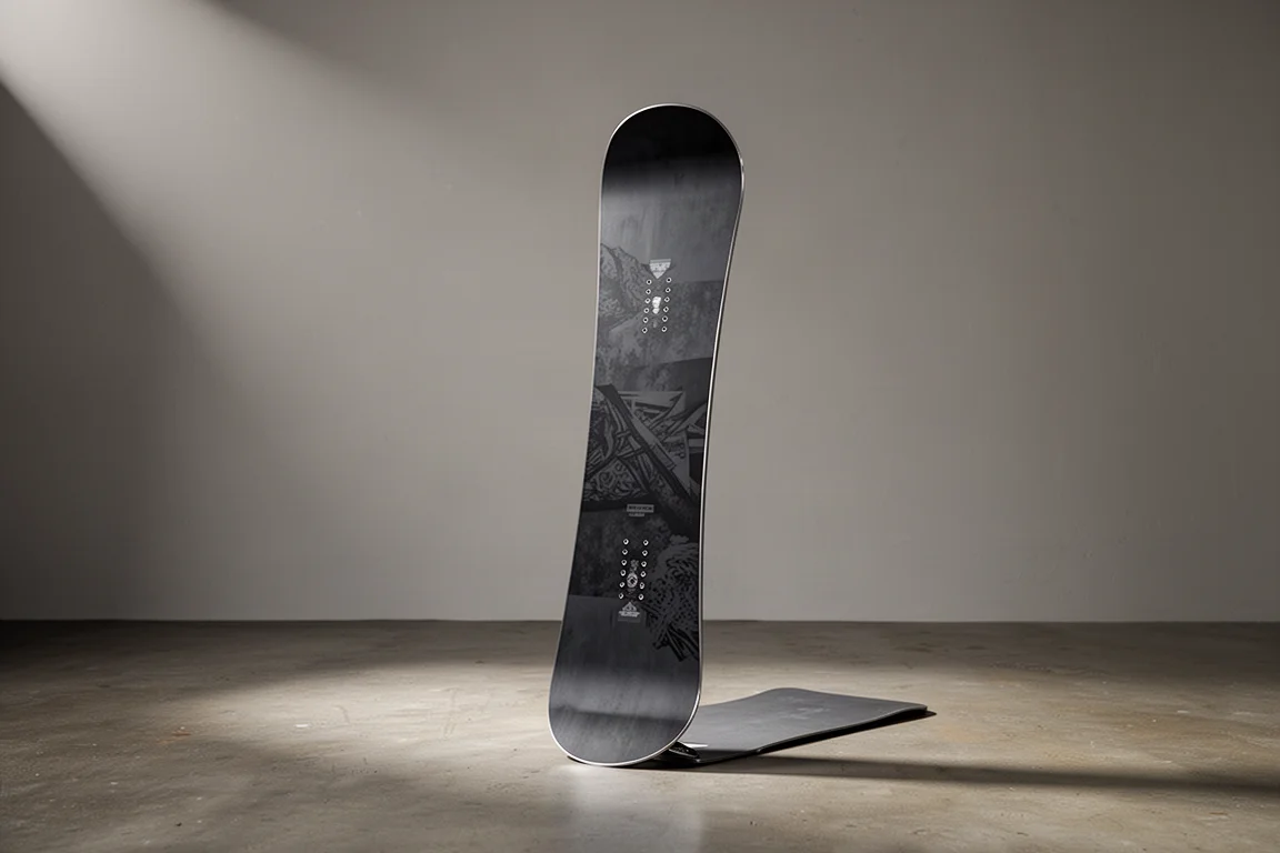 Deska snowboardowa freestyle z pełnym tradycyjnym profilem camber na neutralnym szarym tle