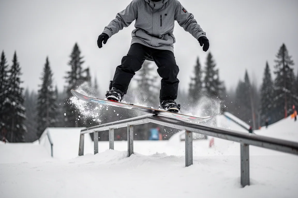 Snowboardåkare som pressar ett rail i en terränspark