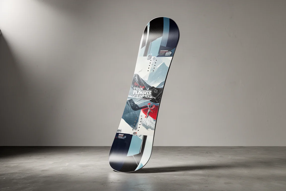 Rome Renegade-snowboard som står upprätt på en betongyta