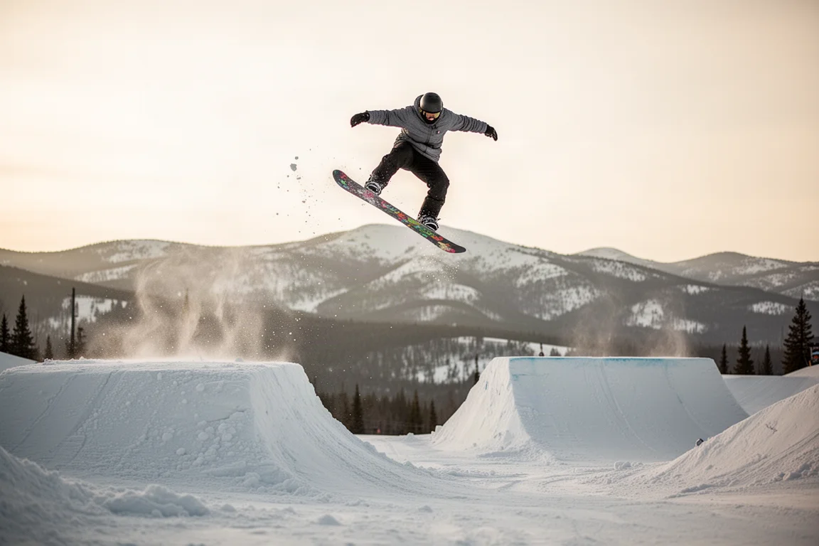 Snowboardåkare som hoppar högt från en jump i en terrain park med sensäsongsp slam