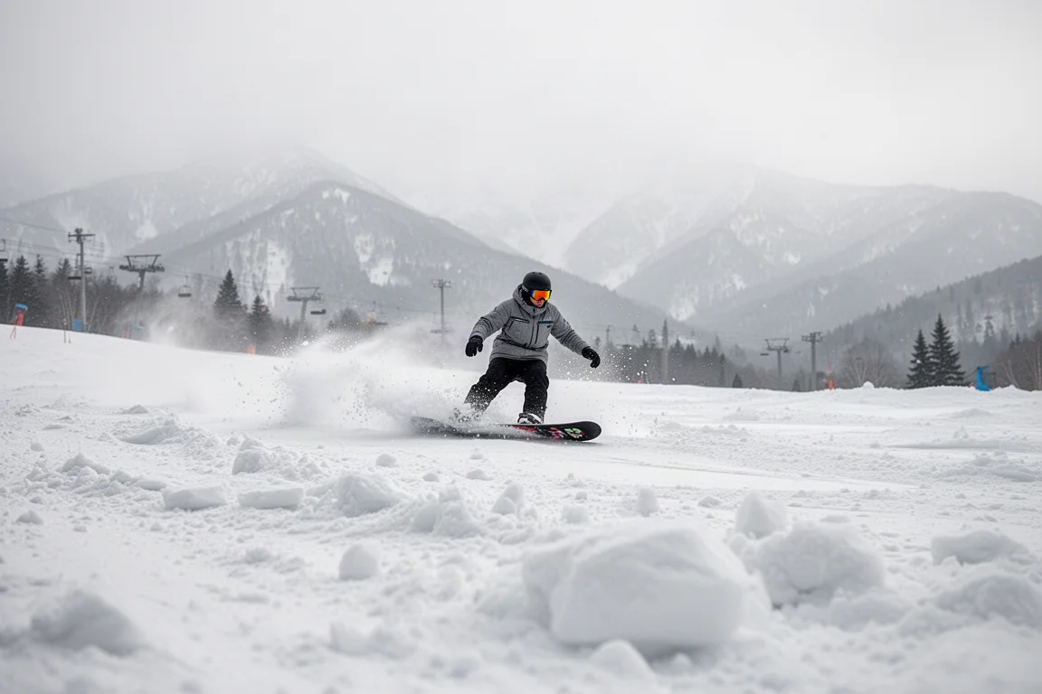 Snowboardåkare som carvar genom varierande, bucklig snö på en bred pistera