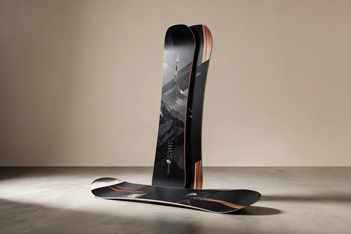 Rome Renegade freestyle snowboard stående upprätt på ett betonggolv
