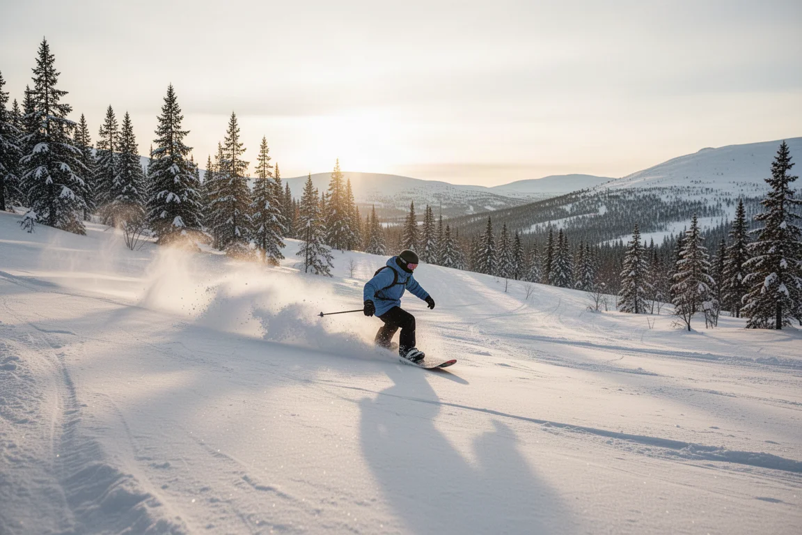 Snowboarder surfing through deep powder in a stormy resort